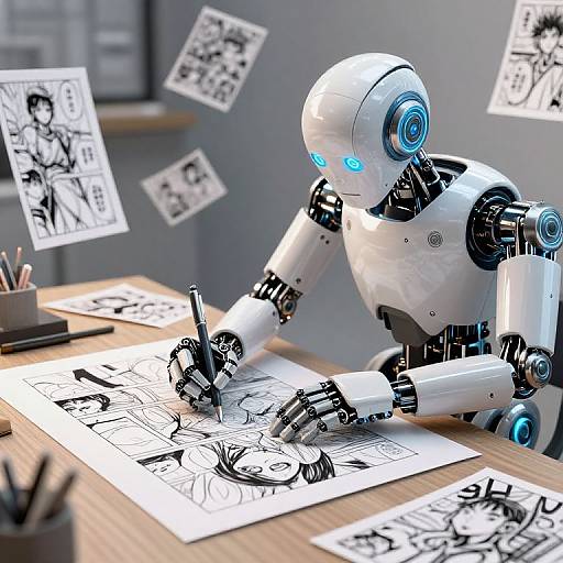 Photorealistic CGI of a white, glowing-blue-eyed robot drawing black-and-white manga-style sketches on a desk, surrounded by floating sketches.