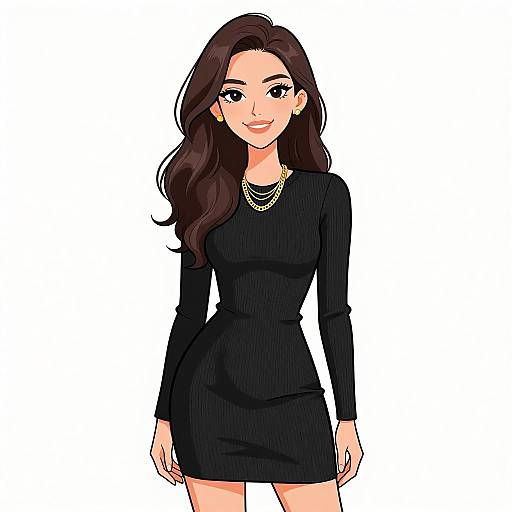 Digital anime-style drawing of a smiling woman with long dark brown hair, wearing a form-fitting black dress, gold necklace, and earrings, standing against