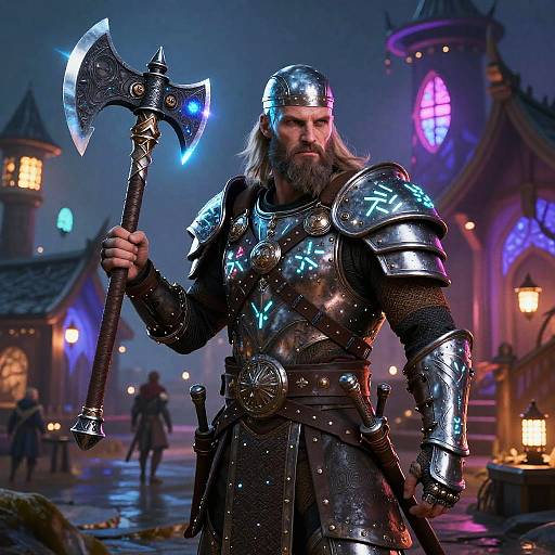 Photorealistic fantasy image of a bearded, muscular Viking warrior in glowing silver armor, holding a blue-accents axe, in a mystical,