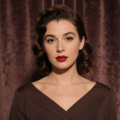 Photograph of a fair-skinned woman with dark, wavy 1940s-style hair, red lipstick, and black V-neck dress, set