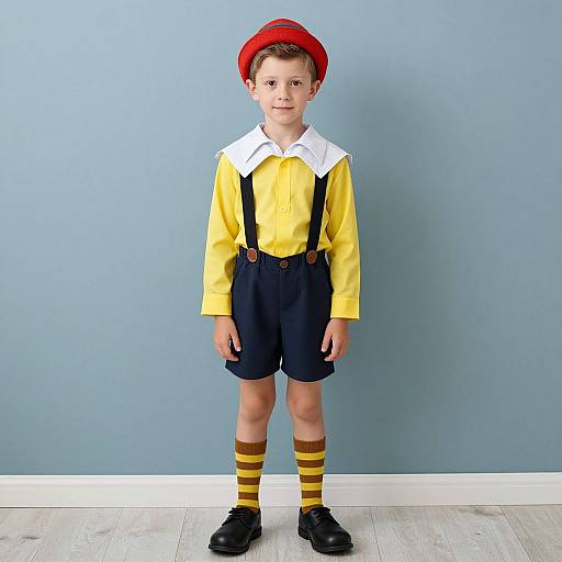 Photograph of a young boy in a yellow shirt, white collar, red hat, black shorts, yellow-striped socks, and black shoes, standing against