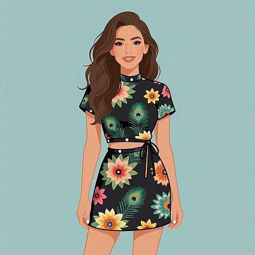 Digital illustration of a smiling woman with long brown hair, wearing a black floral crop top and skirt, against a light blue background.
