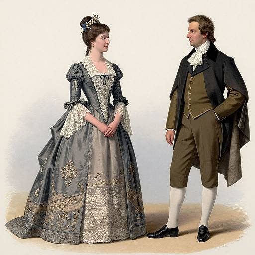 18th-century portrait of a woman in a detailed grey gown and a man in a brown waistcoat and breeches, standing and looking at each other