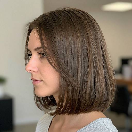 Photograph of a young white woman with straight, shoulder-length brown hair, light skin, wearing a white top, in a softly lit indoor setting.