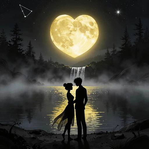 Silhouetted couple stands by moonlit lake, reflecting heart-shaped moon, with waterfall in background and starry night sky above. Digital art.