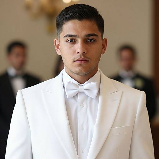 Photograph of a young man with short black hair, olive skin, and dark eyebrows, wearing a white tuxedo with a bow tie, standing