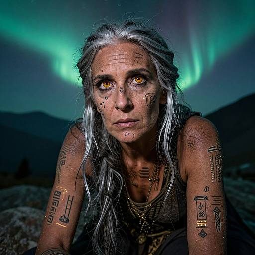 Photograph of a tribal woman with white hair, glowing yellow eyes, and black body tattoos, under a green aurora borealis sky.