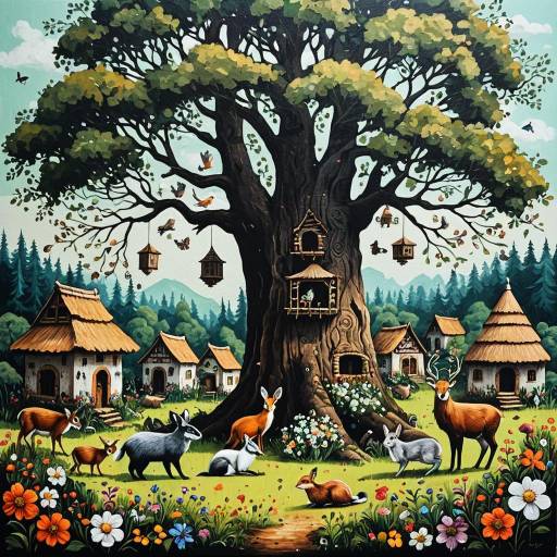 Ancient Tree Village with Forest Animals