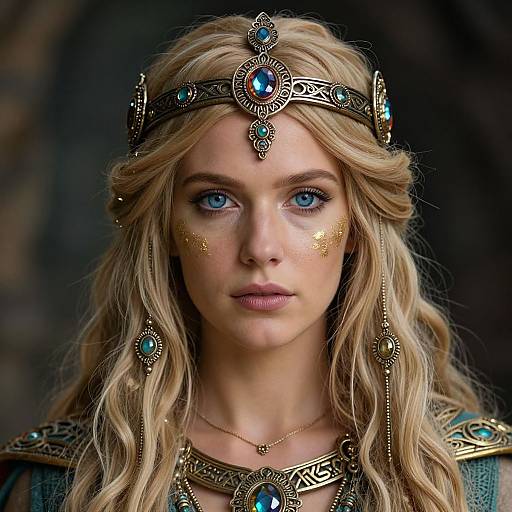Digital portrait of a blonde, blue-eyed queen with wavy hair, wearing an ornate golden crown and jewelry, featuring blue gems, against a dark