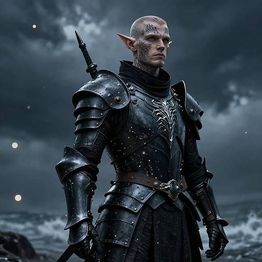 CGI image of a bald, pale-skinned, elf warrior with pointed ears, wearing dark, polished steel armor, standing under a stormy night