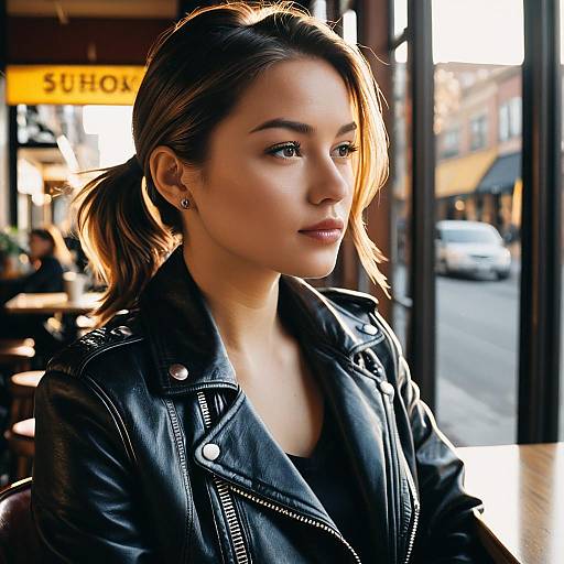 Fashion Model with Chin Strap Hairstyle in Leather Jacket
