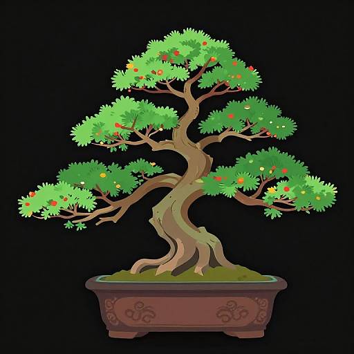 Digital illustration of a bonsai tree with a twisted trunk, vibrant green leaves, and small red fruits, in a decorative pot, against a black background