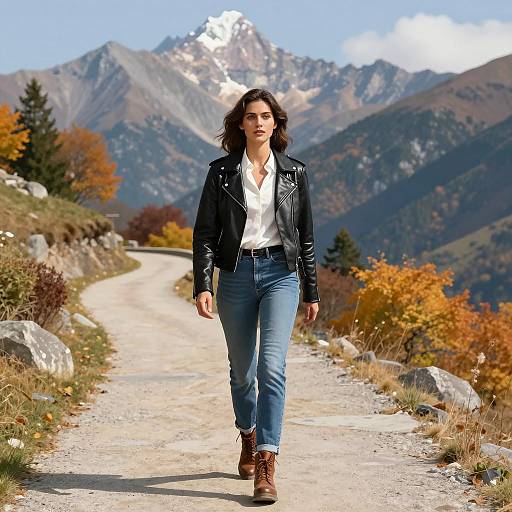 Confident Woman on Autumn Mountain Path