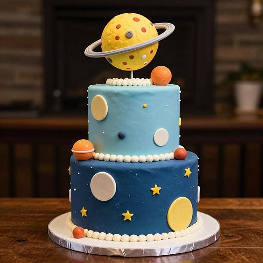 Photograph of a two-tiered cake with blue and sky-blue frosting, adorned with planets, stars, and a yellow-spotted moon on top,