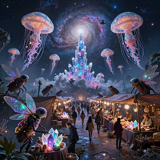Whimsical night market under a starry sky with glowing jellyfish, illuminated castle, and colorful vendors selling glowing crystals and lanterns.