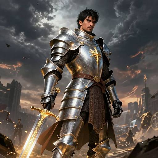 Digital artwork of a dark-haired, muscular knight in shiny silver armor with a golden star emblem, holding a glowing sword, standing confidently in a chaotic,
