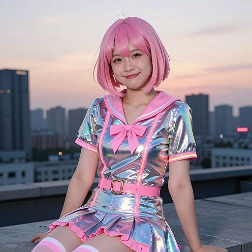 Young Asian woman with pink bob wig, silver metallic cosplay dress with pink accents, sitting on rooftop at sunset, city skyline background. Photorealistic photograph