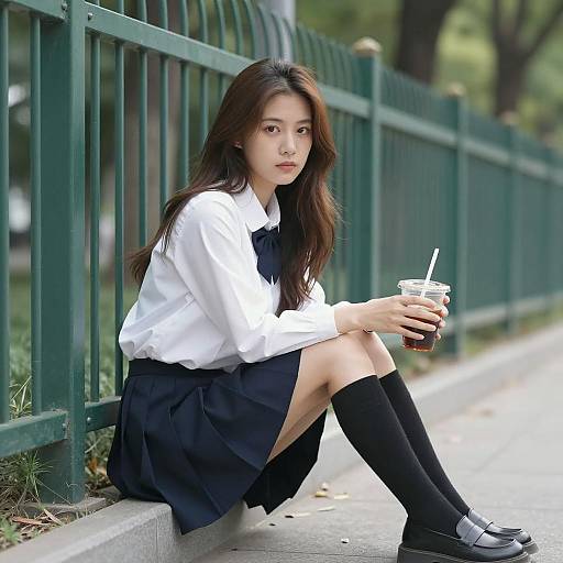 Serene Asian Woman on Sidewalk