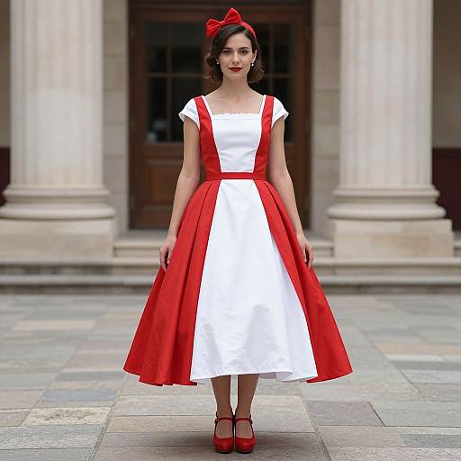 Photograph of a young woman in a vintage-style, white and red dress with red suspenders, red bow, and red shoes, standing in front
