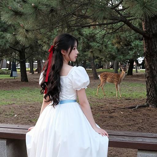 Photograph of an Asian woman with long black hair and red ribbon, wearing a white puffed-sleeve dress, sitting on a wooden bench in