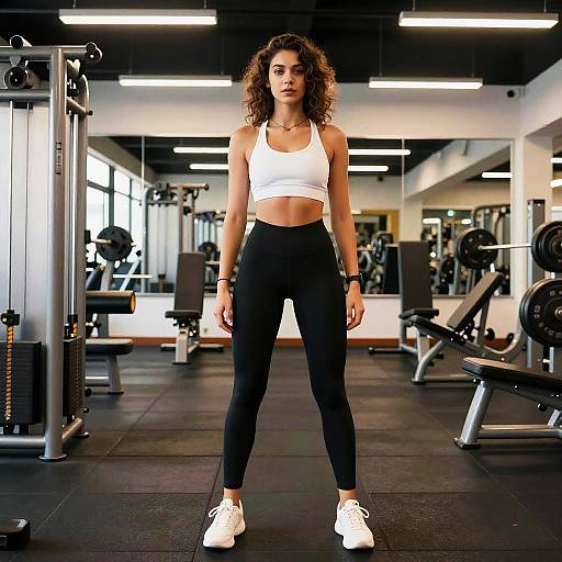 Photograph of a fit, curly-haired woman in a white sports bra and black leggings, standing confidently in a modern gym, surrounded by fitness equipment.