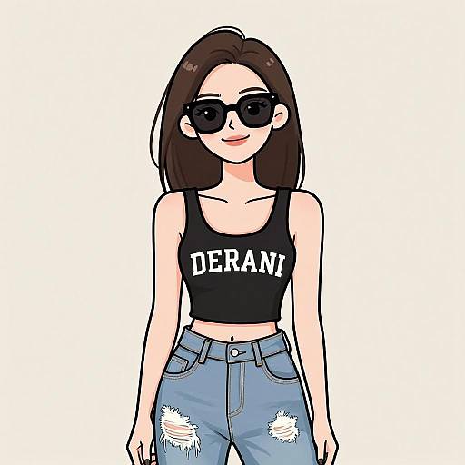Digital anime-style drawing of a fair-skinned woman with dark brown hair, wearing black sunglasses, a black 