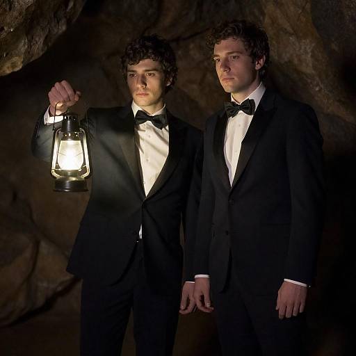 Two Men with Lantern in Cave