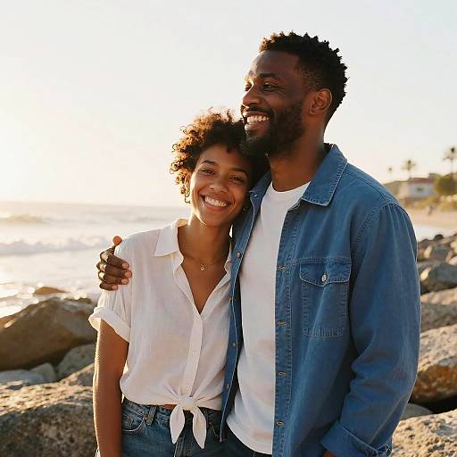 Joyful Black Couple on Sunlit Beach