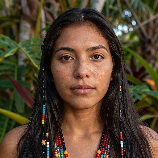 Photograph of a young woman with long black hair, wearing beaded necklaces, standing against a blurred tropical leaf background.