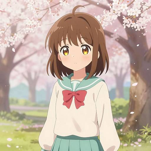 Anime-style digital drawing of a brown-haired, wide-eyed girl in a white sailor uniform with a red bow, standing under cherry blossoms.