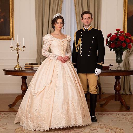 Photograph of a couple in formal attire; woman in white lace ball gown, tiara, long brown hair; man in black military jacket, gold