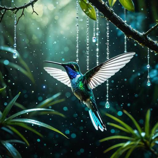 Opal Hummingbird with Dewdrops in Rainforest Opal Hummingbird with Dewdrops in Rainforest