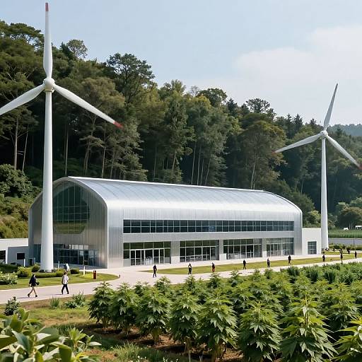 Photograph of modern, white, curved-roof greenhouse with large windows, surrounded by two tall wind turbines, lush green trees, and walking individuals,