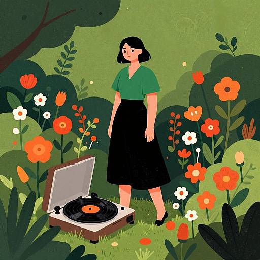 Digital illustration of a woman with black bob haircut, green top, black skirt, standing beside an open record player in a vibrant, green garden with red