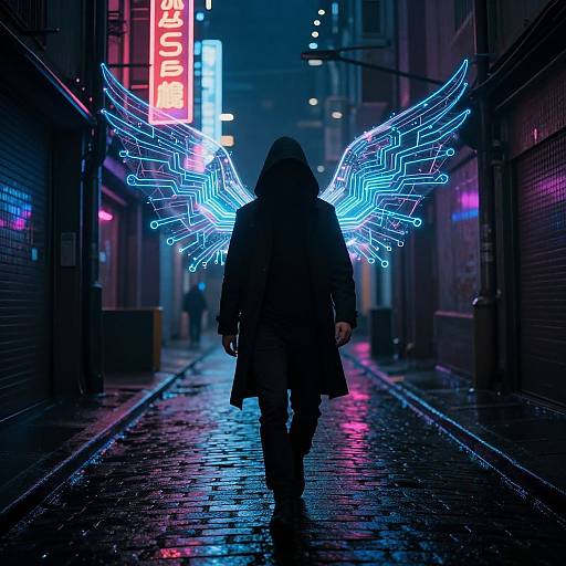 Neon-lit, cyberpunk alleyway photograph of a hooded figure with glowing blue neon angel wings, walking on wet, reflective cobblestones