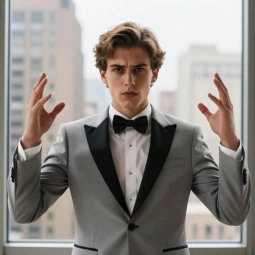 Young Man in Tuxedo with Cityscape
