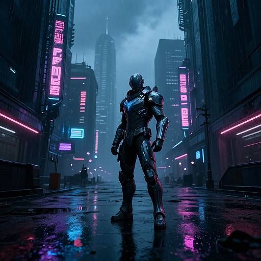 Cyberpunk cityscape photograph of a futuristic armored warrior standing in a neon-lit, rain-soaked street with towering skyscrapers. Bright pink