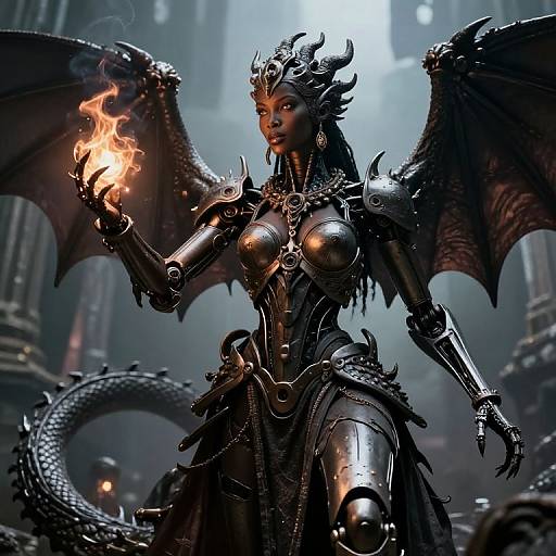 CGI fantasy image of a dark, armored, dragon-woman with black wings and horns, holding a fiery orb in a gothic cathedral.
