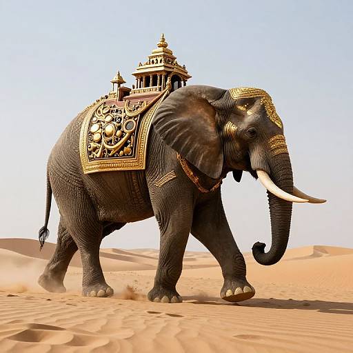 Photograph of an ornately decorated elephant with gold and black patterns, carrying a small temple on its back, walking through a desert with sandy dunes