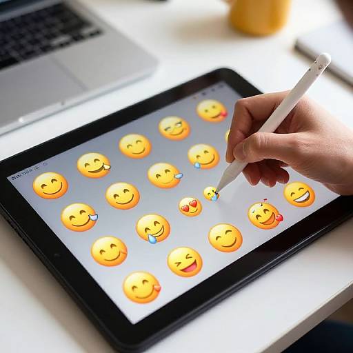 Photograph of a hand drawing a smiling emoji on an iPad screen, surrounded by various smiling and emotive emojis, with a laptop in the blurred background