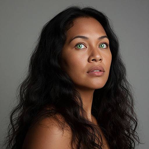 Photograph of a beautiful, dark-haired woman with vibrant green eyes and smooth, glowing brown skin, looking intently to the side against a gray background
