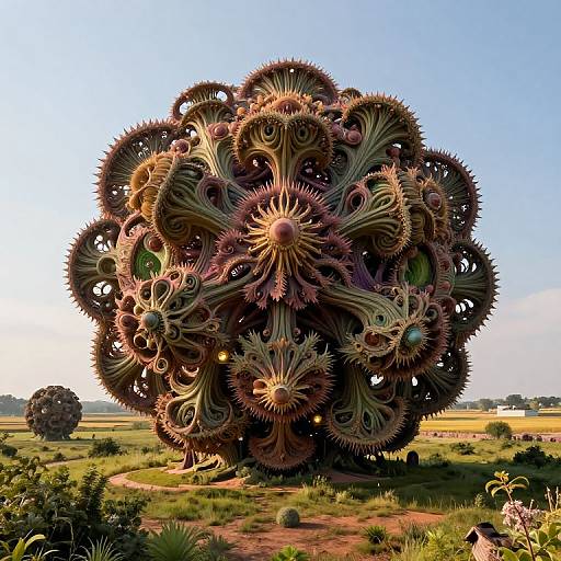 Photograph of a surreal, large, intricately designed mechanical flower-like structure with multiple gears and spiky petals, set in a green, open countryside