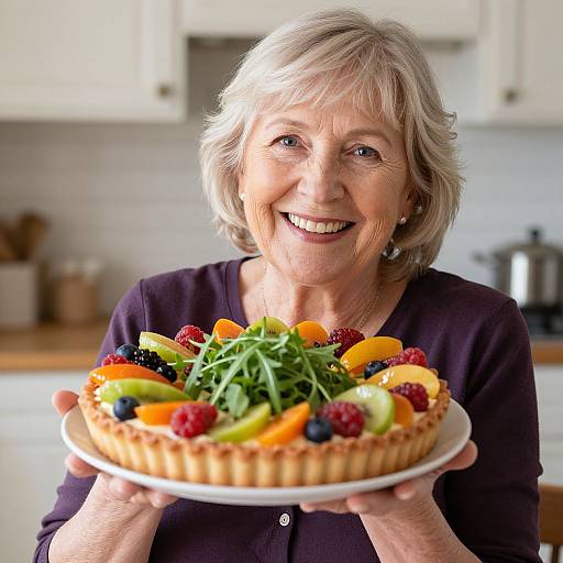 Photograph of smiling elderly woman with short gray hair, wearing a purple shirt, holding a colorful fruit and green salad tart in a kitchen.