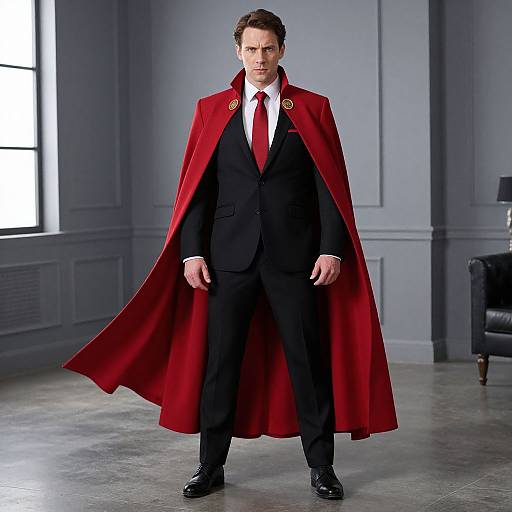 Photograph of a handsome man in a black suit, white shirt, red cape, and black shoes, standing confidently in a gray-walled room with