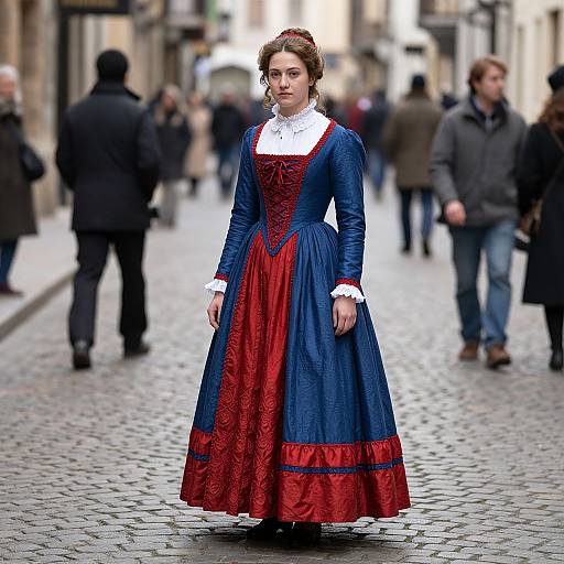 Woman in Historical Blue and Red Dress