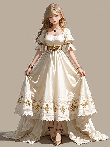 Digital illustration of a blonde woman in a white, lace-trimmed, empire-waist dress with gold embroidery, holding the skirt, wearing gold