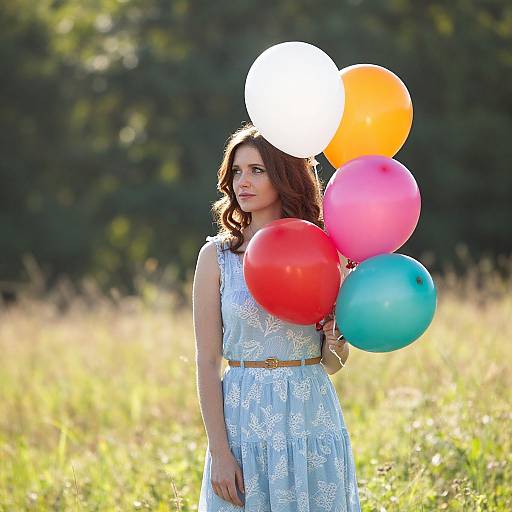 Photograph of a young woman with wavy auburn hair, wearing a light blue, floral lace dress, holding colorful balloons (white, orange