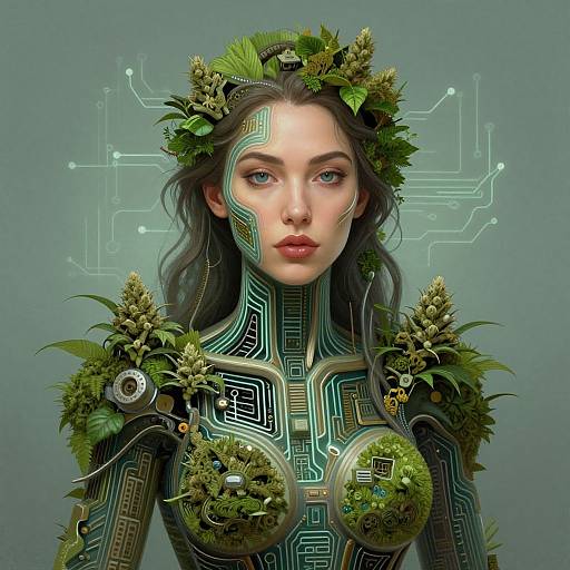 Digital Woman AI with Circuitry and Greenery