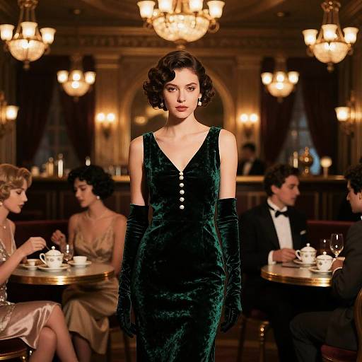 Woman in Emerald Velvet Dress at 1920s Tea Party