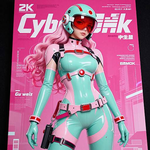 Digital cover art of anime-style Cyberpunk magazine featuring a pink-haired woman in a glossy, teal and white cyber suit, red visor, and helmet